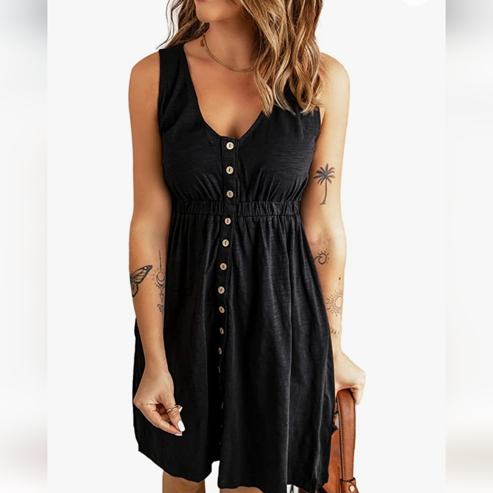 NWT Casual Sleeveless Button Down Elastic Waist Swing Dress A-line Black